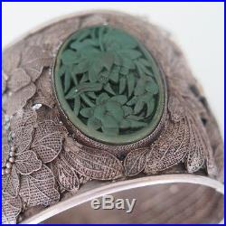 Vtg Chinese Export Sterling Silver Filigree Carved Turquoise 2 Wide Bracelet
