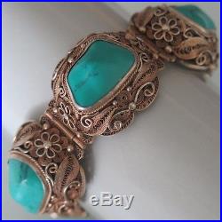 Vtg Chinese Export Sterling Silver Filigree Turquoise 1 Wide Bracelet