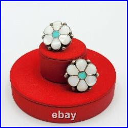 Vtg Earrings Flower Zuni Native American Sterling Silver Turquoise MOP Shell