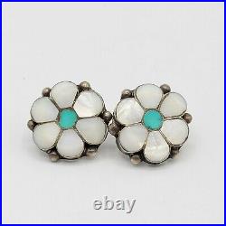 Vtg Earrings Flower Zuni Native American Sterling Silver Turquoise MOP Shell