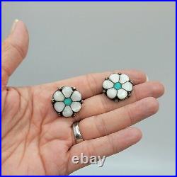 Vtg Earrings Flower Zuni Native American Sterling Silver Turquoise MOP Shell