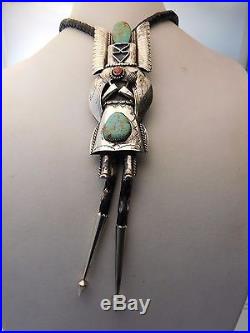 Vtg Gilbert Gomez Sterling Silver Turquoise 6 MOTHER CROW KACHINA Bolo Tie