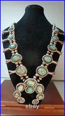 Vtg Large Sterling Silver Turquoise Squash Blossom Necklace 25 S 1950