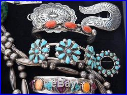 Vtg Lot Harvey Era Native Navajo Zuni Sterling Silver Turquoise Cuff Buckle Pins