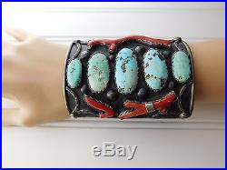 Vtg MASSIVE Navajo Sterling Silver Branch Red Coral Turquoise Cuff Bracelet