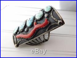 Vtg MASSIVE Navajo Sterling Silver Branch Red Coral Turquoise Cuff Bracelet