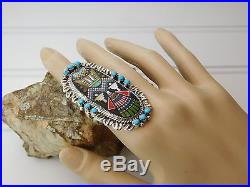 Vtg NATIVE AMERICAN Old PAWN Turquoise Sterling Silver Micro Inlay Long RING