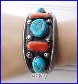 Vtg Navajo Franklin Thompson Red Coral Sterling Silver TURQUOISE Cuff Bracelet
