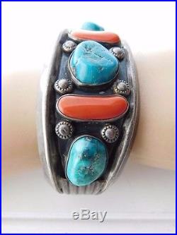 Vtg Navajo Franklin Thompson Red Coral Sterling Silver TURQUOISE Cuff Bracelet