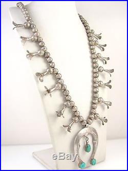 Vtg Navajo Handmade 925 Sterling Silver Turquoise Squash Blossom Necklace J MX