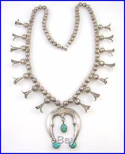 Vtg Navajo Handmade 925 Sterling Silver Turquoise Squash Blossom Necklace J MX