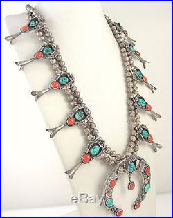 Vtg Navajo Handmade Sterling Silver Turquoise Coral Squash Blossom Necklace J MX