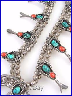 Vtg Navajo Handmade Sterling Silver Turquoise Coral Squash Blossom Necklace J MX