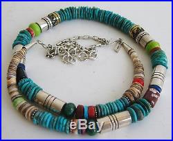 Vtg Navajo Indian Sterling Silver Tommy Singer Turquoise Heishi Bead Necklace
