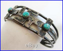 Vtg Navajo Indian Sterling Silver Whirling Logs Green Turquoise Cuff Bracelet