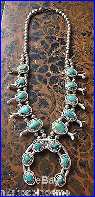 Vtg Navajo Native American 925 Sterling Silver Squash Blossom Turquoise Necklace