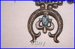 Vtg Navajo Old Pawn Sterling Silver SQUASH BLOSSOM Necklace TURQUOISE 185g