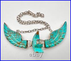 Vtg Navajo Sterling Silver Carved Turquoise 4.5 Eagle Pendant Necklace