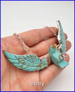 Vtg Navajo Sterling Silver Carved Turquoise 4.5 Eagle Pendant Necklace