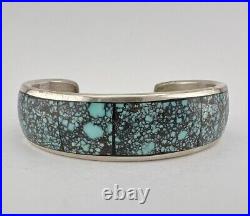 Vtg Navajo Sterling Silver Spiderweb #8 Turquoise & Onyx Flush Cuff Bracelet