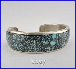 Vtg Navajo Sterling Silver Spiderweb #8 Turquoise & Onyx Flush Cuff Bracelet