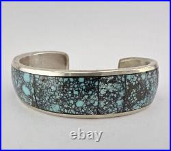 Vtg Navajo Sterling Silver Spiderweb #8 Turquoise & Onyx Flush Cuff Bracelet