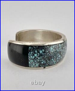 Vtg Navajo Sterling Silver Spiderweb #8 Turquoise & Onyx Flush Cuff Bracelet