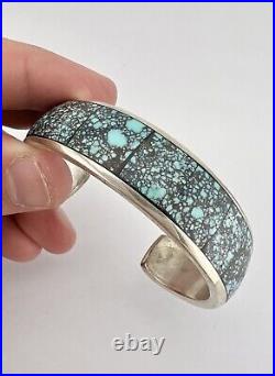 Vtg Navajo Sterling Silver Spiderweb #8 Turquoise & Onyx Flush Cuff Bracelet