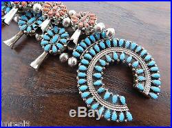 Vtg Navajo Sterling Silver Squash Blossom Reversible Coral Turquoise Necklace