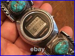 Vtg Navajo Sterling Silver Turquoise Watch Tip Band Signed RT Ray Tafoya Casio