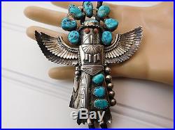 Vtg OLD NAVAJO Pawn Sterling Silver Turquoise Red Coral WINGED KACHINA Bolo Tie