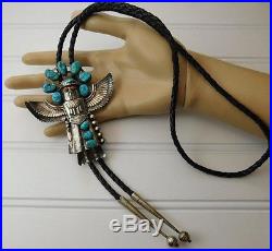 Vtg OLD NAVAJO Pawn Sterling Silver Turquoise Red Coral WINGED KACHINA Bolo Tie