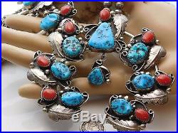 Vtg OLD PAWN NAVAJO Red Coral TURQUOISE Squash Blossom Sterling Silver NECKLACE