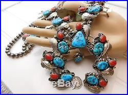 Vtg OLD PAWN NAVAJO Red Coral TURQUOISE Squash Blossom Sterling Silver NECKLACE