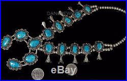 Vtg OLD PAWN Navajo NATURAL TURQUOISE Sterling Silver Squash Blossom Necklace