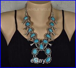 Vtg OLD PAWN Navajo NATURAL TURQUOISE Sterling Silver Squash Blossom Necklace