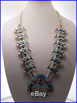 Vtg OLD PAWN ZUNI Peyote Bird TURQUOISE Squash Blossom Sterling Silver NECKLACE