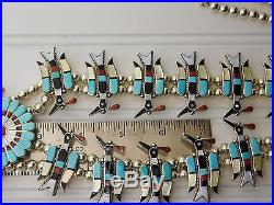 Vtg OLD PAWN ZUNI Peyote Bird TURQUOISE Squash Blossom Sterling Silver NECKLACE