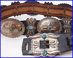 Vtg Old Pawn NAVAJO Heavy Sturdy Sterling Silver Turquoise CONCHO Belt 570 grams
