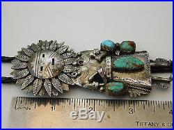 Vtg Old Pawn NAVAJO Sterling Silver Large SUNFACE KACHINA Turquoise 4 Bolo Tie