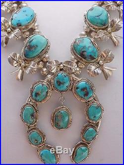 Vtg Old Pawn NAVAJO Sterling Silver SQUASH BLOSSOM Bench Bead Turquoise Necklace