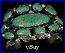 Vtg Old Pawn Navajo Cluster GRN Turquoise Wide Sterling Silver Stamped Bracelet