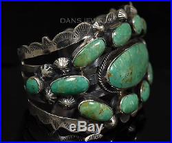 Vtg Old Pawn Navajo Cluster GRN Turquoise Wide Sterling Silver Stamped Bracelet