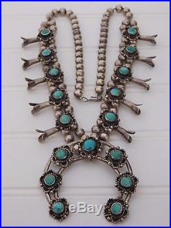 Vtg Old Pawn Navajo Sterling Silver Squash Blossom Bench Bead Turquoise Necklace