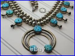 Vtg Old Pawn TURQUOISE NAVAJO Sterling Silver SQUASH BLOSSOM Bench Bead NECKLACE