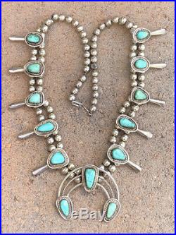 Vtg Pawn Navajo Sterling Silver Carico Lake Turquoise Squash Blossom Necklace
