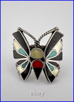 Vtg REYES NEHA Zuni Sterling Silver Butterfly MOP Turquoise Coral Onyx Ring