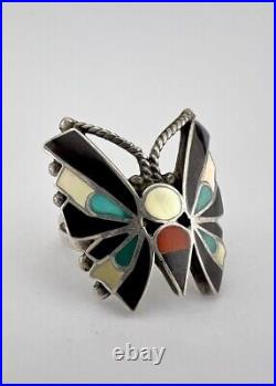 Vtg REYES NEHA Zuni Sterling Silver Butterfly MOP Turquoise Coral Onyx Ring