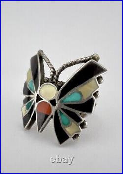 Vtg REYES NEHA Zuni Sterling Silver Butterfly MOP Turquoise Coral Onyx Ring