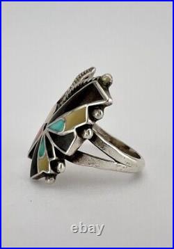 Vtg REYES NEHA Zuni Sterling Silver Butterfly MOP Turquoise Coral Onyx Ring